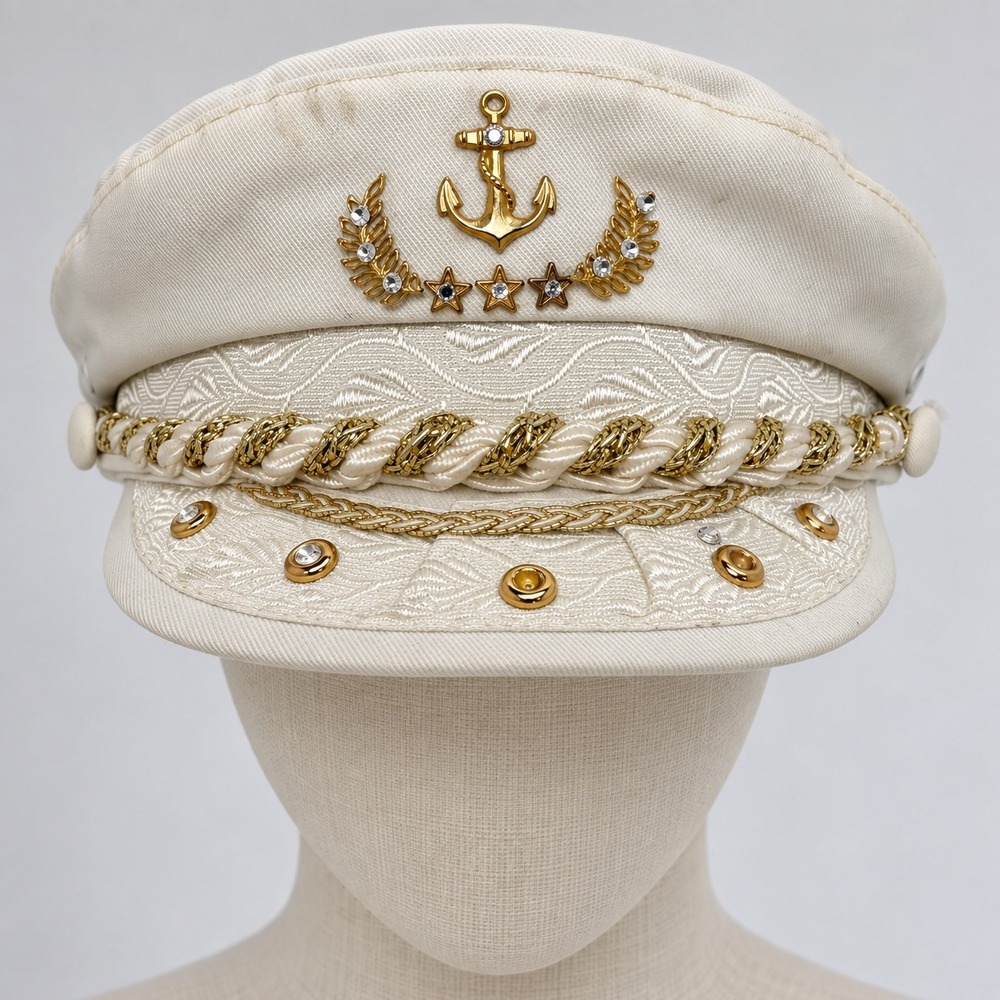 Vintage Dixie J Designs Greek Fisherman Cap White Gold Anchor Yacht Hat xx-0013